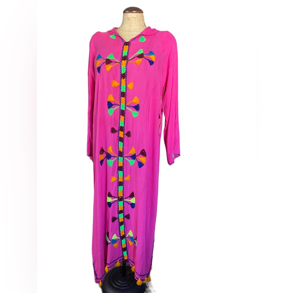 Pink hand made Rayon voile embroidered gown with hood and side slit pockets